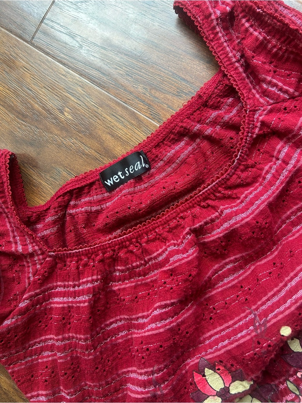 Wet Seal Vintage Red Babydoll top w/ stripes & embroidered florals • Small • Y2K - Picture 4 of 8
